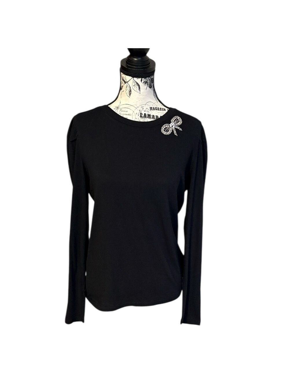 LOFT Black Tee Long Sleeve Silver Bead Bow Embellishment Size M New
